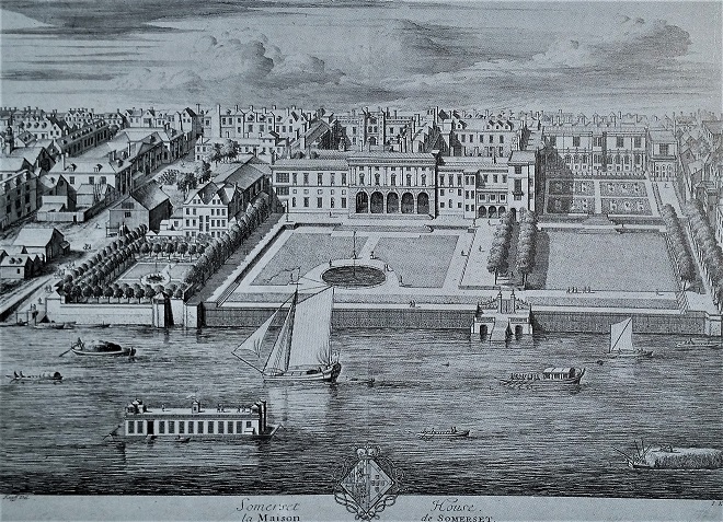 Somerset House, sur le Strand, résidence officielle de la reine d’Angleterre de 1603 à 1692 (démoli en 1775)