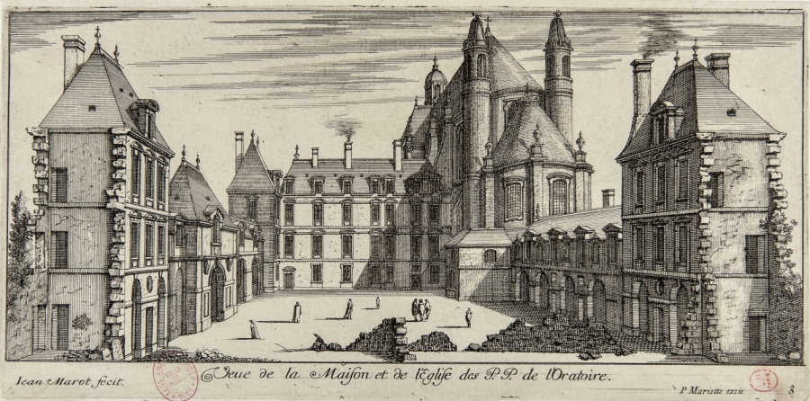 Vue de la Maison de l’église des Pères de l’Oratoire, eau-forte de Jean Marot (1619-1679). Le bâtiment abrite actuellement un temple protestant, l’Oratoire du Louvre, rue de Rivoli à Paris.