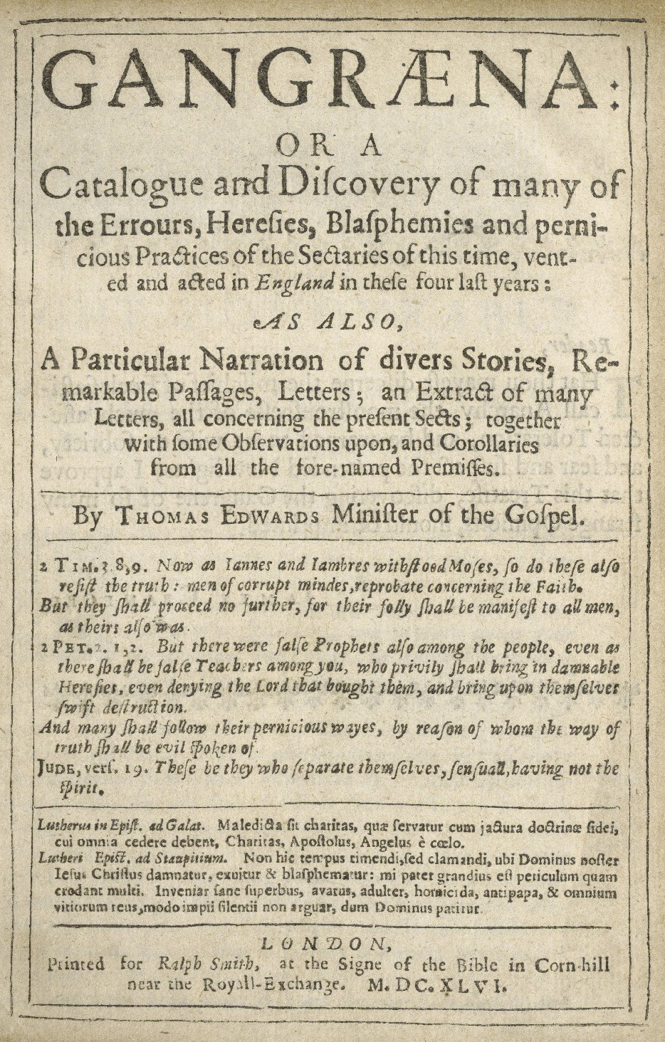 Page de titre de Gangraena, de Thomas Edwards, « catalogue » des sectes (1646)