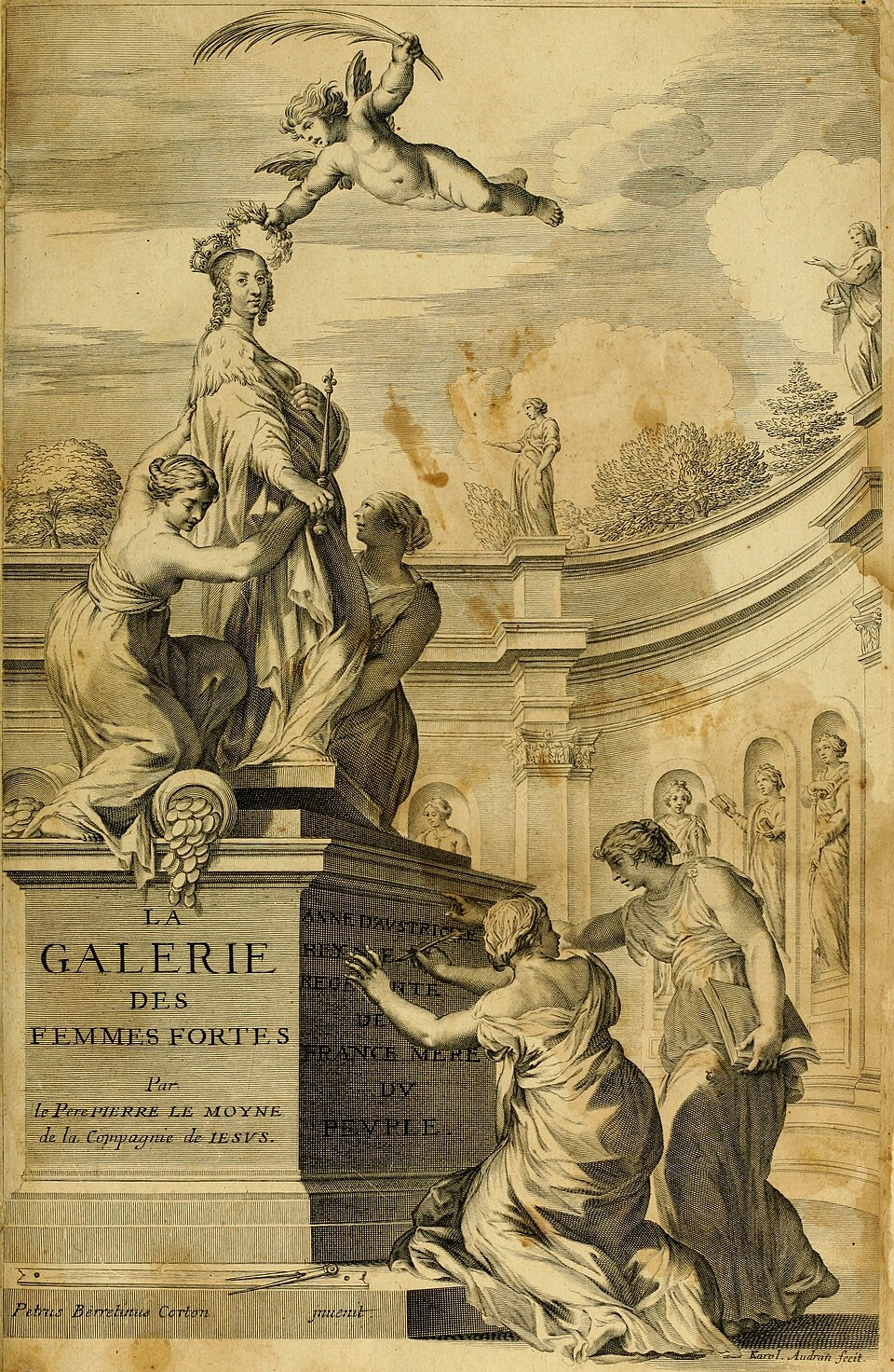 Frontispice de La Gallerie des femmes fortes de Pierre Le Moyne, 1647. La femme couronnée n’est pas notre Henriette, mais Anne d’Autriche