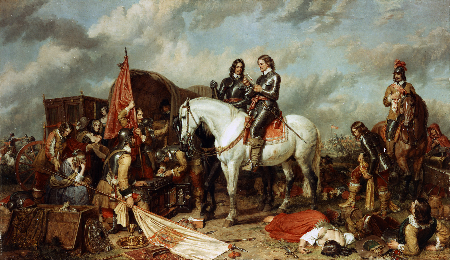 Charles Landseer, Cromwell à la bataille de Naseby en l’an 1645, 1851, Berlin, Alte Nationalgalerie. Cromwell prend connaissance de la correspondance secrète de Charles et Henriette-Marie, abandonnée par le roi après sa défaite.