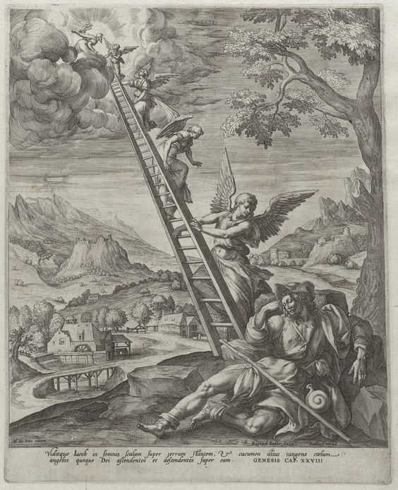 Raphael Sadeler, Echelle de Jacob, gravure conservée au Rijskmuseum d’Amsterdam, vers 1580.