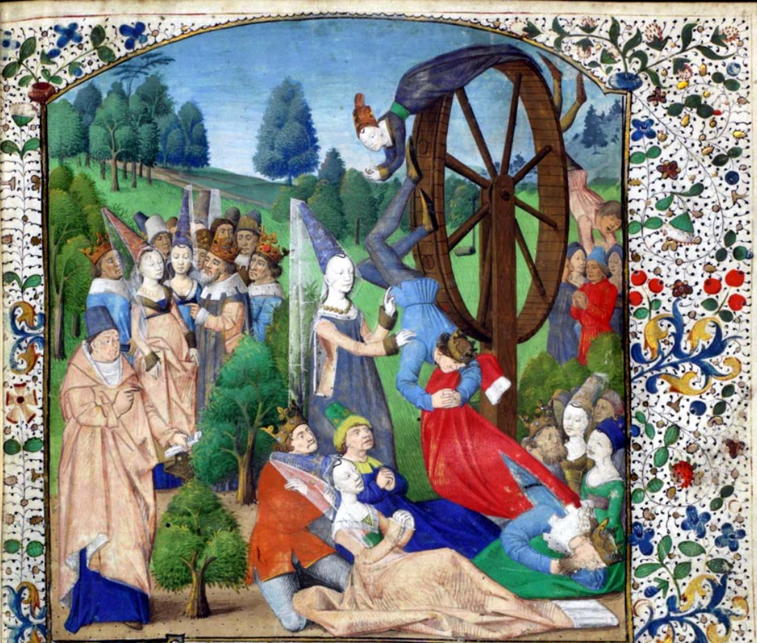 La roue de la Fortune, tirée d’une édition du De Casibus Virorum Illustrium de Boccace, miniature française, 1467, Glasgow University LIbrary